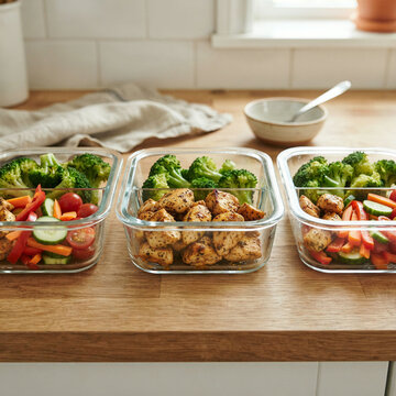 Three glass containers of chicken and vegetables on a wooden counter in soft daylight