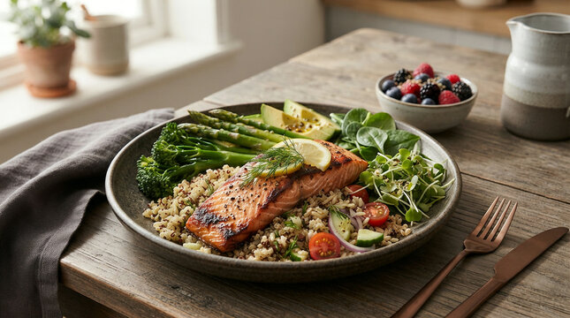 Plate of salmon quinoa avocado and spinach in a bright sunny breakfast nook