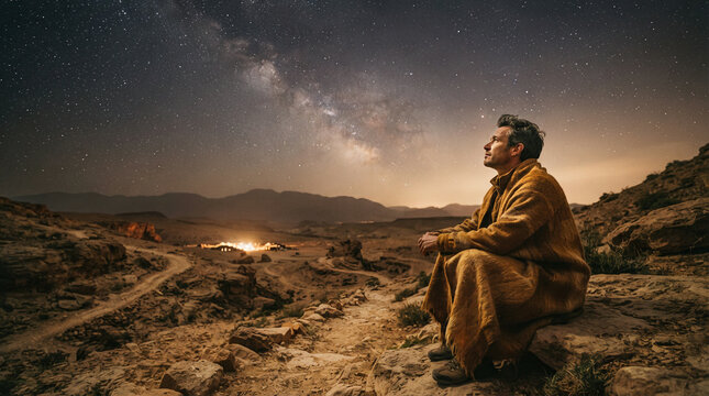 Man wrapped in a wool blanket watching the Milky Way above a desert valley