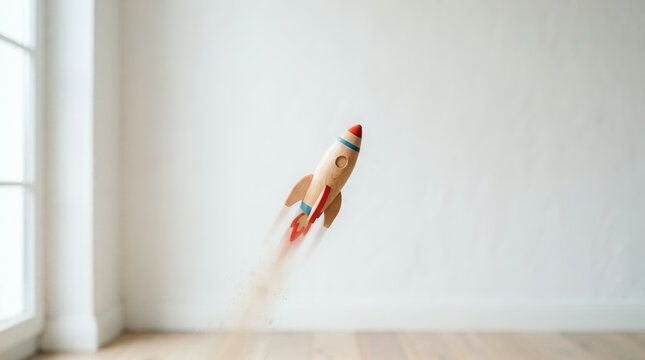 Wooden toy rocket suspended in mid air in a bright white walled room interior