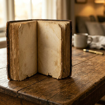 Open antique book on a wooden table in a warm study interior in soft afternoon light