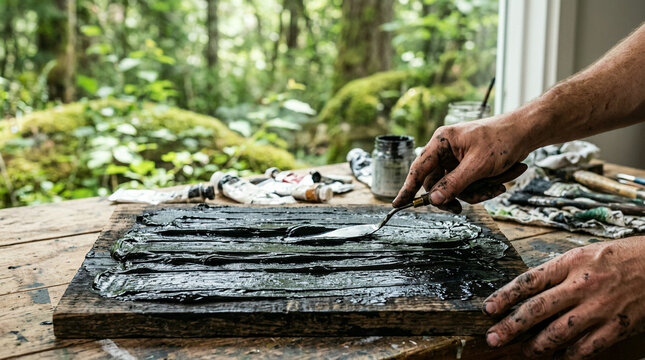 Hands spreading black paint on a board at a table facing a green forest