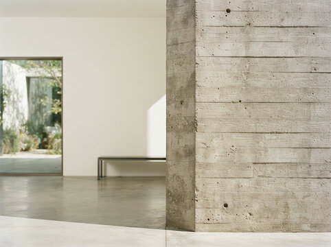Textured concrete column beside an open doorway onto a green courtyard