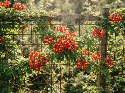Orange flowering vine covering a rusted wire fence in a rural garden edge