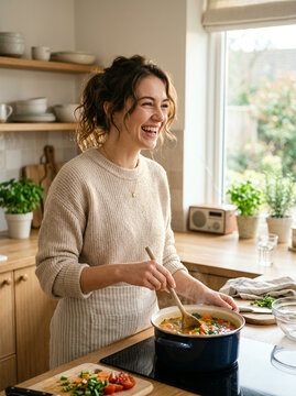 Woman stirring a blue pot on a glass stovetop in a bright wooden kitchen