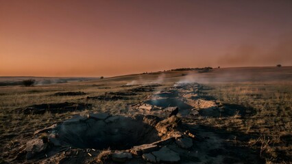 Fototapeta premium Expansive Landscape at Sunset with Distant Hills and Rough Terrain