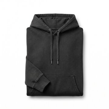 Black folded hoodie mockup on white background, premium cotton hooded sweatshirt, minimalist streetwear apparel template for clothing brand design