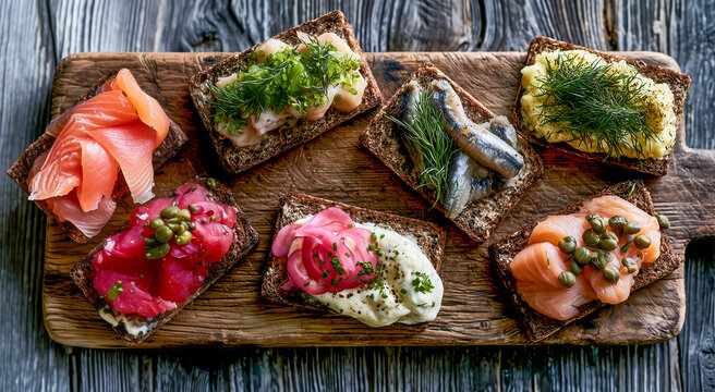 Top view of an assortment of  Danish Sm&oslash;rrebr&oslash;ds (or Smorrebrods), open sandwiches with rye bread, salmon, herring, onions,capers,fresh herbs, food tradition in Denmark on a wooden board
