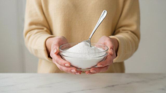 person holding glass bowl of white sugar or salt with spoon
