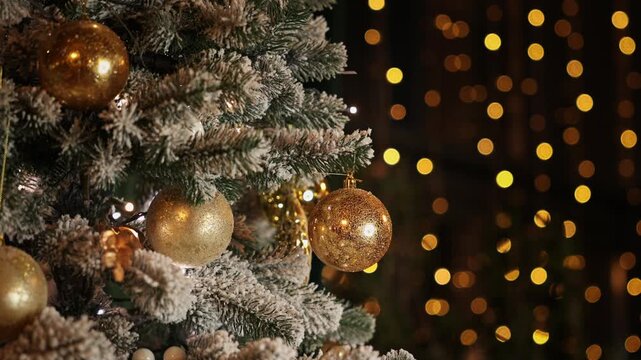 Close-up video shots of a frosted Christmas tree decorated with gold and white baubles. The indoor background features warm string lights bokeh and a black piano keyboard.