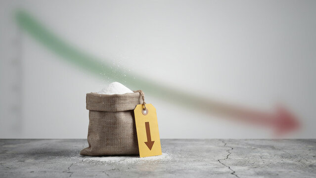 small jute bag with white powder and price drop tag on background of downward chart arrow