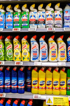 Supermarket Display Of Household Toilet Cleaning Products And Bleach Bottles With Price labels