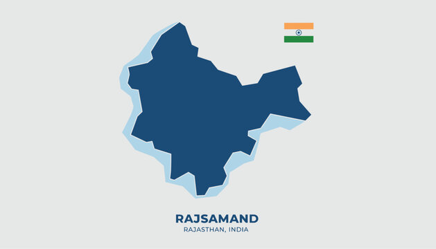 Geographic outline map of Rajsamand district in Rajasthan state of India with national flag on light gray backdrop.