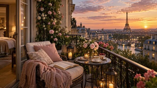Paris balcony overlooks Eiffel Tower at golden hour. Elegant floral seating area with tea service, lanterns, and open book suggests quiet luxury, warm romance, and refined travel, with roses beside
