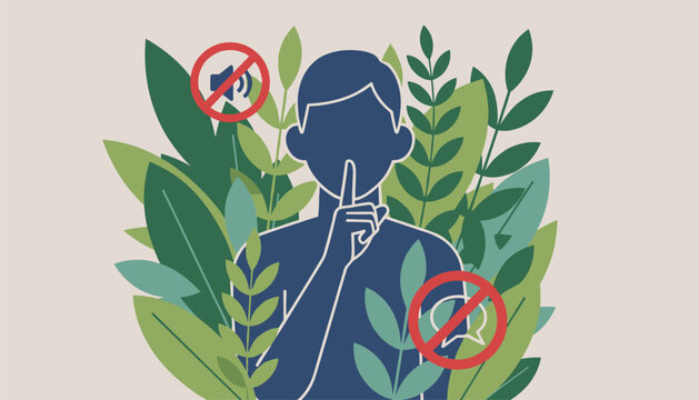 Silent zone concept illustration of a male silhouette gesturing silence with icons for muted sound and no talking.