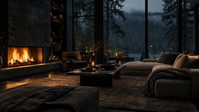 Luxury cabin lounge glows by fireplace at dusk. Sectional sofa, armchairs, and low table face wide windows with misty forest and lake, creating tranquil rustic comfort in dark modern interior.