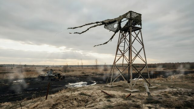 Abandoned industrial metal tower in desolate landscape with cloudy sky