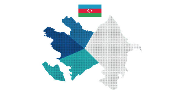 Dotted map outline of Azerbaijan in blue and green shades with the national flag displayed above it on white.