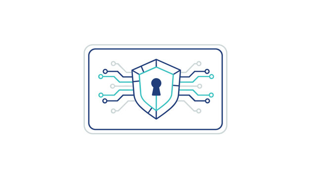 Cyber security shield icon with circuit board lines and a keyhole symbolizing digital data protection and safety.