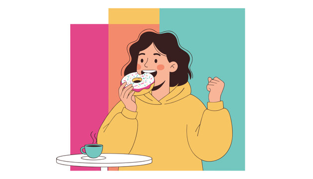 Cheerful young girl enjoying a delicious glazed donut with hot coffee against a vibrant retro colorful background.