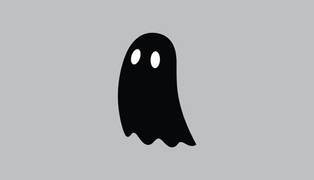 Cute black ghost silhouette with glowing white eyes on a solid grey background for minimalist Halloween decors.