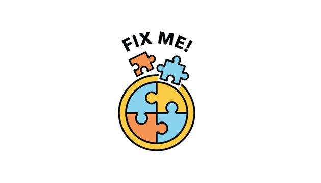 Fix me text design with colorful jigsaw puzzle pieces over a solved circular puzzle representing mental therapy.