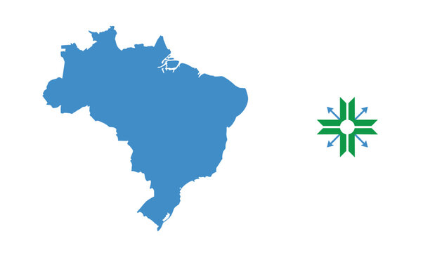 Map of Brazil silhouette in blue color paired with the green geometric cross emblem of Brasilia representing capital.