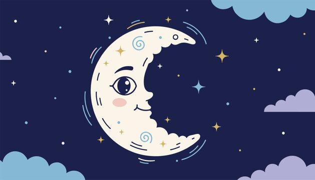 Magical night sky illustration with a smiling crescent moon character, fluffy clouds, and twinkling stars on blue.