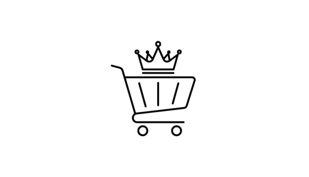 Minimalist shopping cart outline icon featuring a crown on top representing premium customer benefits and royalty.