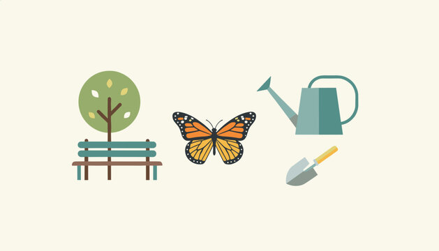Garden themed illustration elements set featuring a green bench, a tree, a monarch butterfly, and tools on beige.