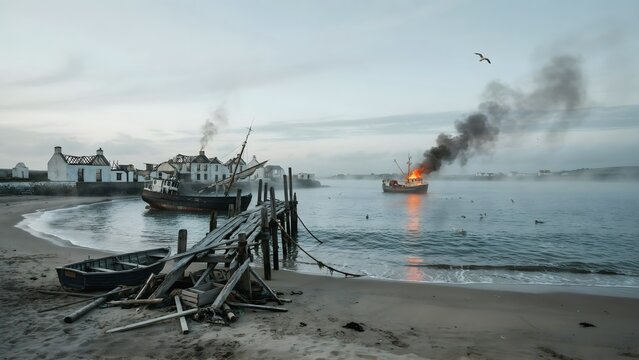 Coastal village scene with dock, boats, and burning ship at sunset