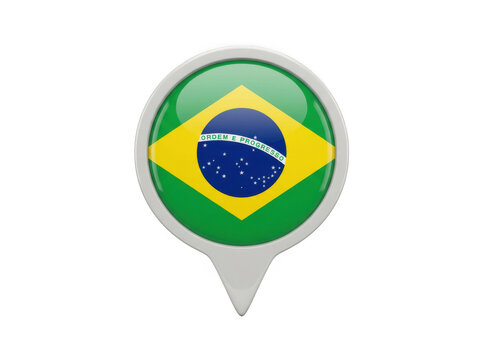 Glossy 3d map pointer pin icon with the national flag of brazil isolated on transparent background