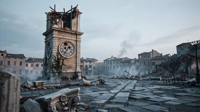 Ruined town square with damaged clock tower and debris after destruction