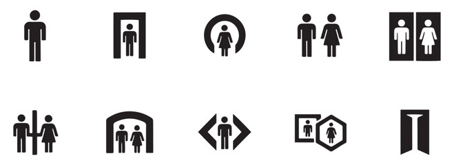 Fototapeta premium Public facility navigation symbols showcase black round head pictograms for architectural wayfinding.