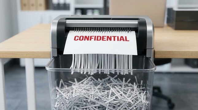 Paper shredder machine destroying a confidential document for data privacy and security.