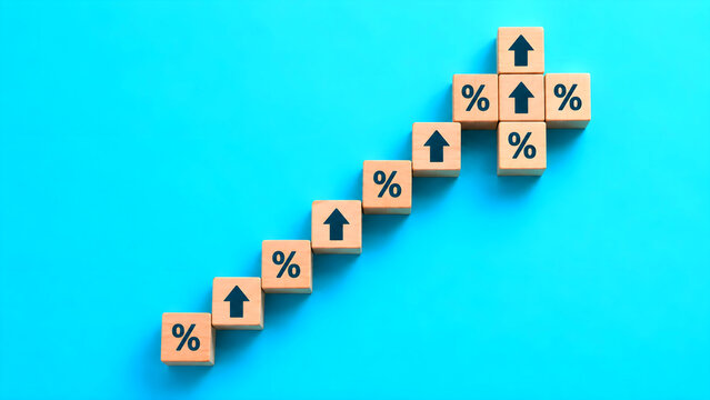 Interest rate and financial growth concept featuring wooden blocks arranged in an upward progression, with percentage indicators and upward arrows symbolizing increased profits, economic performance, 