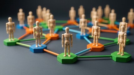 Obraz premium Wooden figures linked by colorful connectors symbolizing business networking and community.