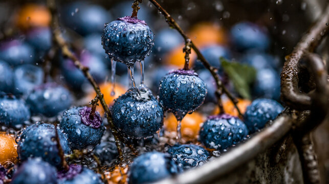 Fresh blueberries covered in water droplets in a metal basket with blueberries delicious superfood