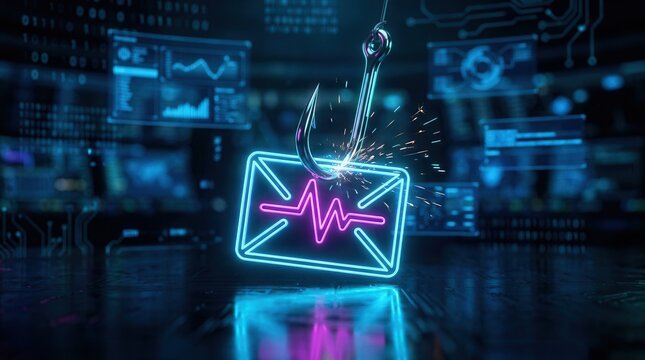 Phishing attack concept featuring a neon envelope icon caught on a metal fishing hook in a digital environment.