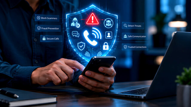 Digital phone fraud awareness concept with a person holding a smartphone displaying a scam warning notification, representing fraudulent calls, cyber threats, suspicious communications, fraud 