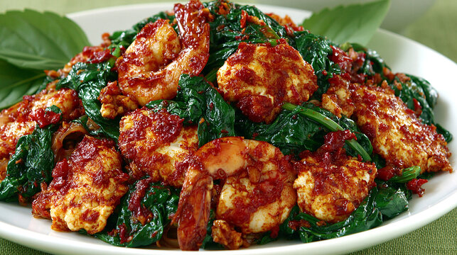 Stir-fried shrimp with spinach in spicy sauce on white plate cooked shrimp seafood dish savory food