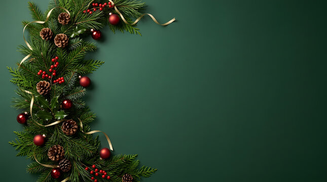 Festive christmas wreath with red berries and evergreen branches against a dark teal background