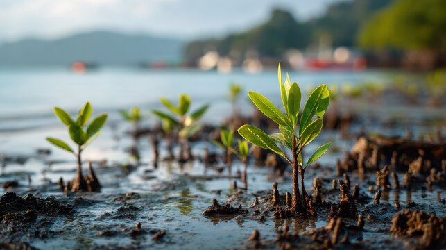 New Mangrove Sprouts emerge from muddy shore with hinting at coastal natures resilience.