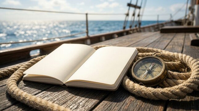 Blank open journal resting on nautical rope with compass by the sea.