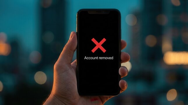 Smartphone display showing an account removed message with a red cross icon.