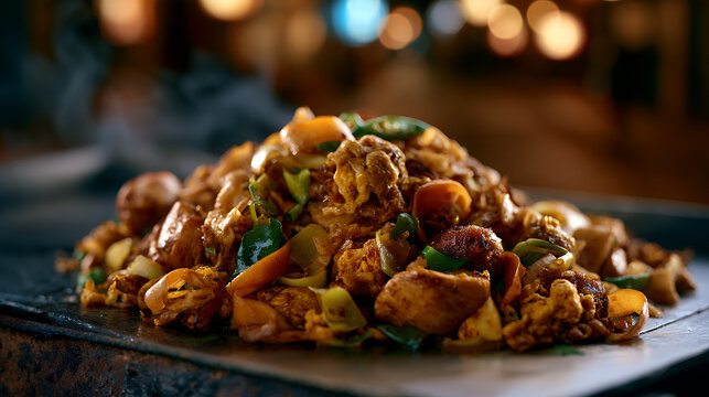 Kottu Roti is being served by a street vendor in Colombo at night. The dish features chopped roti mixed with vegetables and spices. The vendor prepares it on a hot surface.