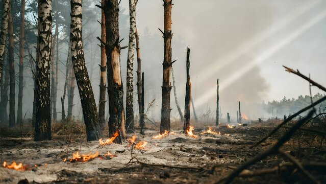 Forest Fire Damage Showing Burned Trees and Smoke in a Forest Landscape