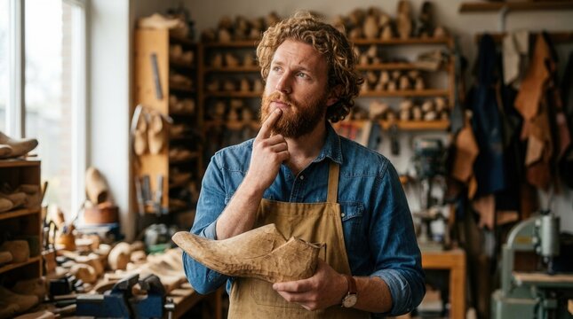 A traditional clog maker holding a wooden shoe last while thinking in his workshop.