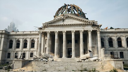 Obraz premium Collapsing historic government building with damaged dome and debris in a cityscape