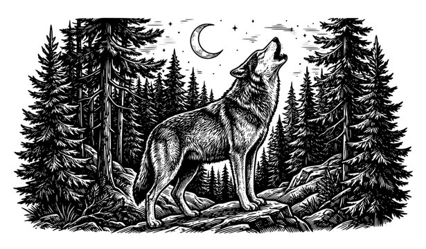 Vintage black and white wolf etching vector illustration with pine trees and crescent moon for wilderness t-shirt design